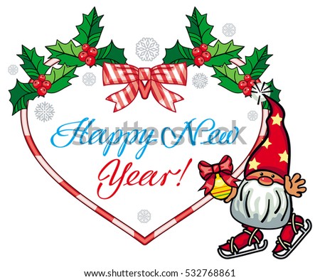 Holiday heart-shaped label with Christmas decorations, funny gnome and greeting text "Happy New Year!". Vector clip art.