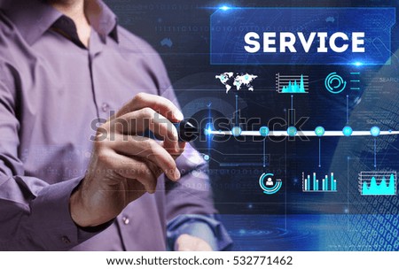 Technology, internet, business and marketing. Young business man writing word: service