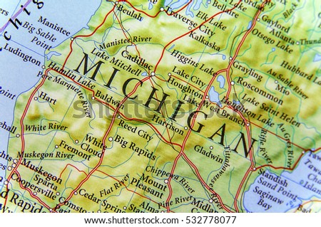 Geographic map of Michigan close Royalty-Free Stock Photo #532778077