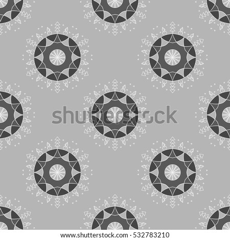 Winter holidays seamless pattern. Gray circular shapes with small white snowmen, fir trees and snowflakes. New Year texture. Vector. Background for websites, banners, posters. Made using clipping mask