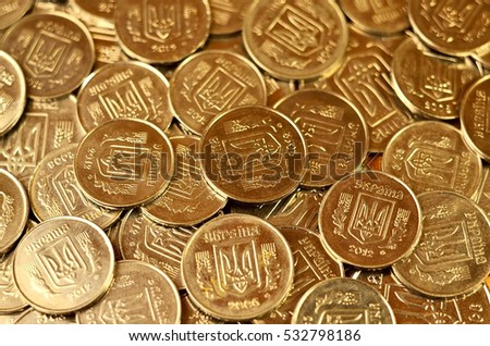 A large pile of coins from a Ukrainian bank. Ukrainian type coins: Kopeck. Concept for banking affairs, taxes, debt, prices and other financial transactions in Ukraine. UAH