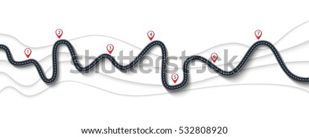 Road trip and Journey route. Winding Road on a white background with Pin Pointer. Vector EPS 10 Royalty-Free Stock Photo #532808920