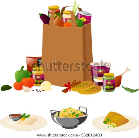 Vector illustration of Indian food products in a paper bag plus 3 typical dishes.