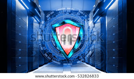 shield with padlock on background of abstract backgrounds in data center among the rows  supercomputers