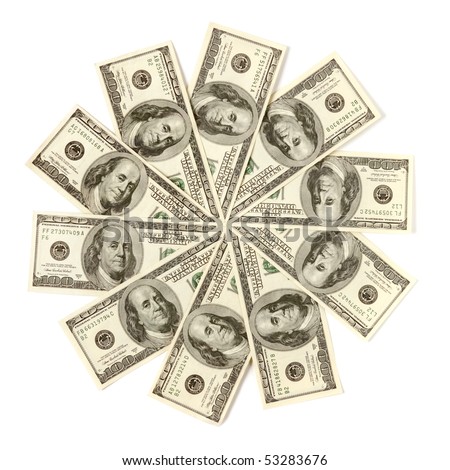 Artistic pattern made from dollar bills Snowflake or star Isolated with a clipping path on white background