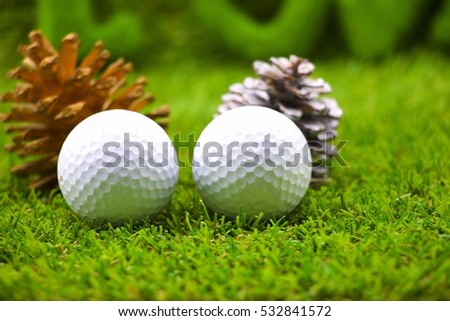 Two golf ball with pine cones are. on green grass