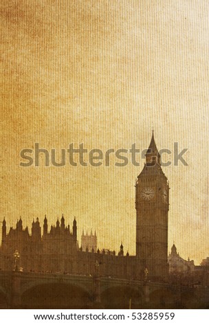  vintage paper textures.  Buildings of Parliament with Big Ben  tower in London UK view from Themes river.