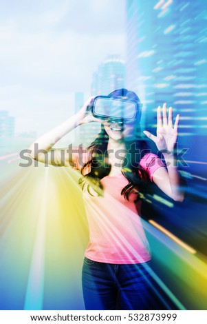 Double exposure of happy woman using VR-headset glasses for virtual reality concept