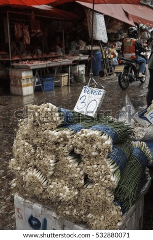 Bundles of spring onions (ton hawm)  with price tag in a Thai market 