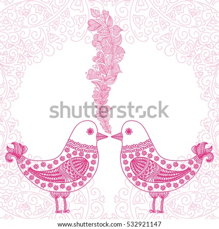 Valentines day card with beautiful birds. Vector illustration.
