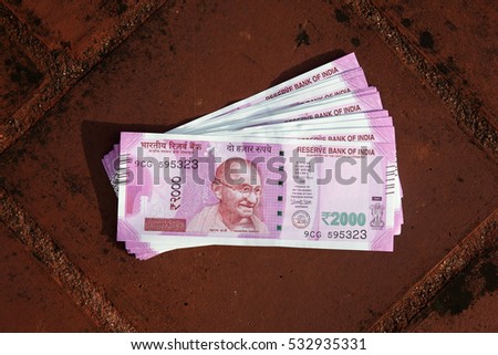 Close up of Indian 2000 rupee notes Royalty-Free Stock Photo #532935331