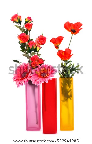 Flowers in vases isolated on white background.