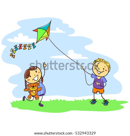 Vector Illustration of Kids Playing Kite on Field
