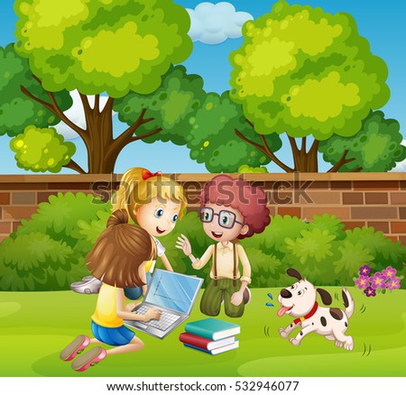 Three children working on computer in park illustration