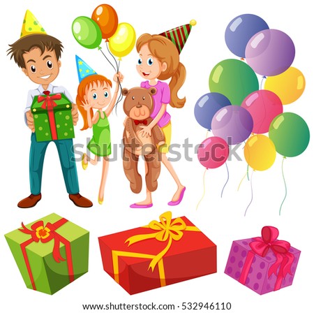 Birthday set with family and presents illustration