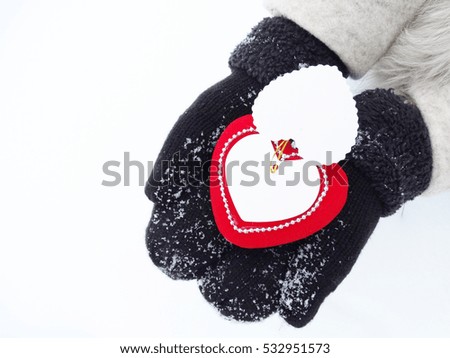 female hands in mittens holding red heart on snow background            
