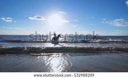 A beautiful woman riding a horse at a lake. Beautiful view, Reflection of the water, wind, horse.