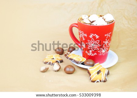 Red mugs with hot chocolate and marshmallows