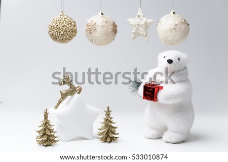 Polar bear winter, christmas decorations on white background.