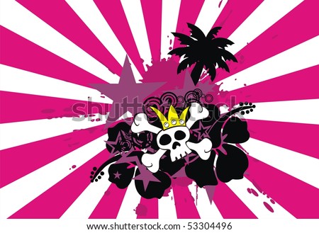 tropical background with skull and flower cartoon in vector format