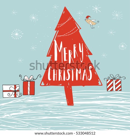 Wonderful, unique handwritten Christmas wish, holiday greeting card. Illustration of a tree with snow and lettering. Great design element for congratulation, banner or flyer.