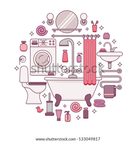Bath equipment colorful concept . Card or poster template with flat  outline symbols of mirror, bath, toilet, sink, shower. Vector illustration for web sites, shops or bathroom interior designs.