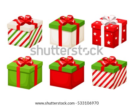 Vector set of red and green Christmas gift boxes with ribbons and bows isolated on a white background.