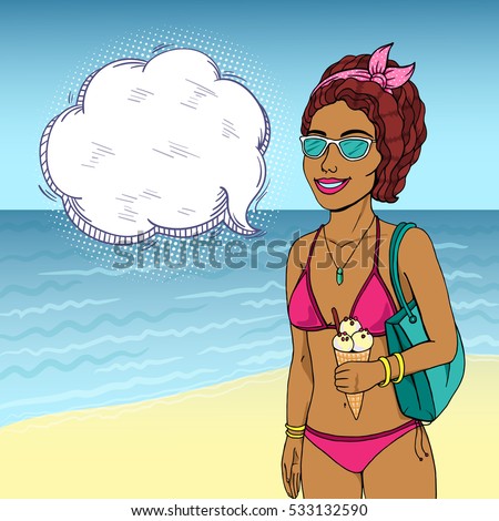 Slim african american woman in bikini on beach with speech bubble in pop art retro comic style