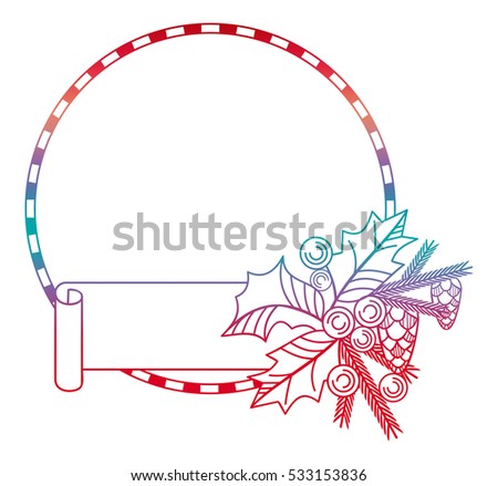Contour Christmas round frame with paper banner, holly berry and pine cones. Copy space.Raster clip art.