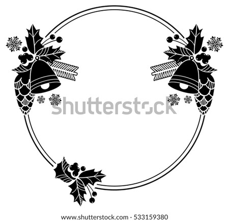 Black and white round frame with pine cones silhouettes. Copy space.  Christmas design decor element. Raster clip art.
