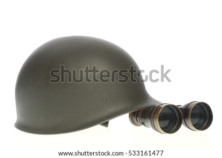 Military helmet, binoculars, isolated on white background