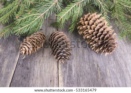 Fir branches with cones on old wooden background and space for text