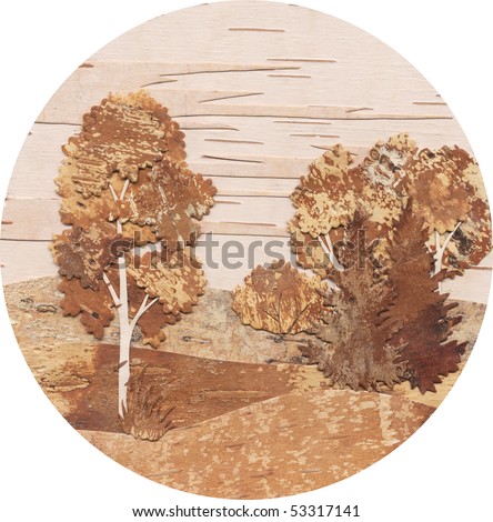Manual job: application from the right and side slices of an underside of a birch bark: a round landscape with a birch and a fur-tree