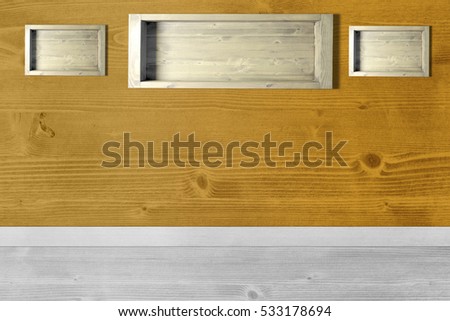 White wooden frame on wood wall and white floor for decorative image and text.