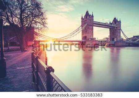 View Of Tower Bridge at sunrise on a cold November morning in London, United Kingdom.
