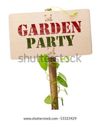 garden party invitation card message on a wooden panel and green plant - image is isolated on a white background