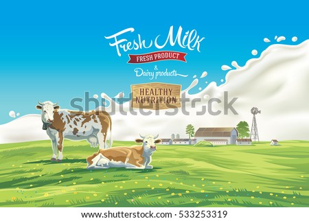 Two cows in the background of the summer landscape and splash from the milk, as well as graphic elements. Royalty-Free Stock Photo #533253319
