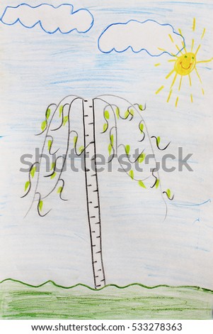 children's drawing with birch and white clouds and sun