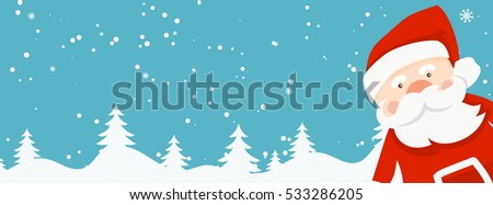 Cartoon illustration banner for holiday theme with Santa Claus on winter background. Greeting card for Merry Christmas and Happy New Year. Vector illustration