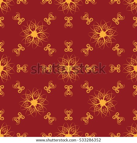 Floral ornament with abstract elements. Seamless pattern. Red, yellow.  Repeating texture.
