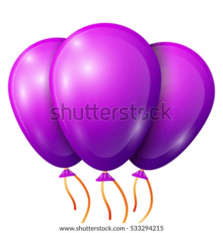 Realistic purple balloons with ribbon isolated on white background. Vector illustration of shiny colorful glossy balloons