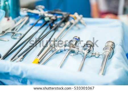 Close up steralized surgical tools for laparoscopic surgery. Selective focus Royalty-Free Stock Photo #533301067
