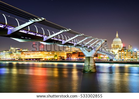 St Paul's Cathedral during night from the Millennium bridge over river Thames, London, United Kingdom.