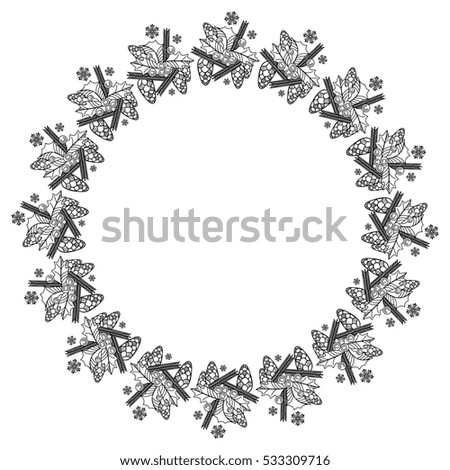 Round frame with holly berries silhouettes. Copy space. Christmas design decor element. Raster clip art.
