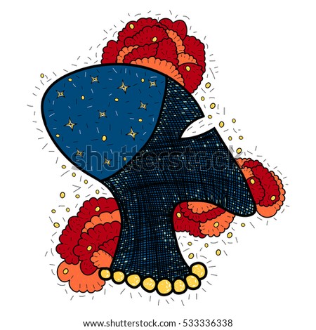 Vector hand drawn alien profile head with stars and flowers. Illustration on white background.
