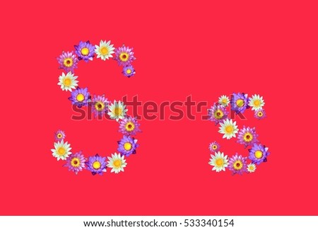 S Alphabets Set, Lotus Flowers Font isolated on Red Background