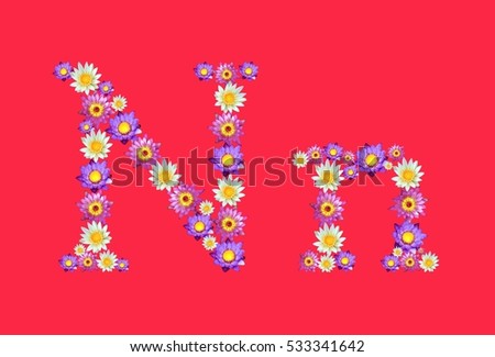 N Alphabets Set, Lotus Flowers Font isolated on Red Background