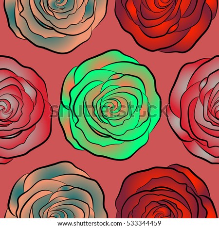 Simple red, pink and orange vector roses seamless pattern.
