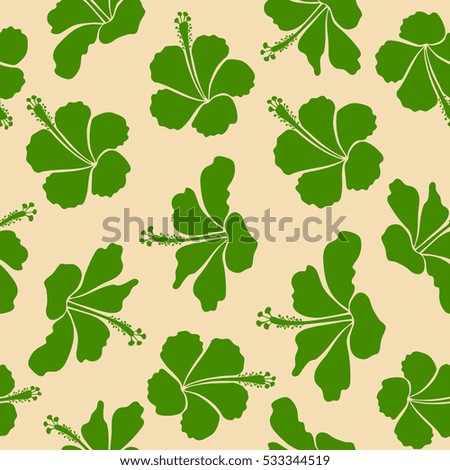 Floral background in green and beige colors. Vector seamless pattern with green and beige hibiscus. Seamless flower pattern. Seamless floral pattern.