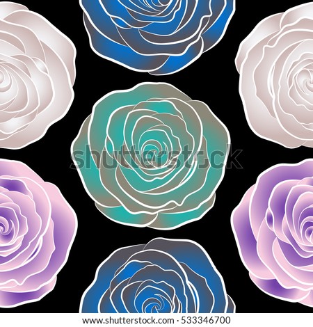 Vector seamless pattern with abstract violet, blue and neutral roses. Decorative floral background with flowers of roses.